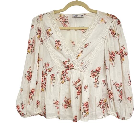 Hollister Tops - Hollister Cream & Pink Floral Puff Sleeve Boho Lace Trim Blouse XS Romantic